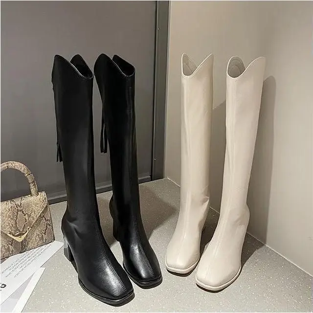 Bốt Đùi Cổ Chữ V, Gót Vuông 5cm, Dành Cho Nữ, Dưới Dưới Đầu Gối, Có 2 Màu: Kem Và Đen, Cực Kỳ Xinh Xắn 2