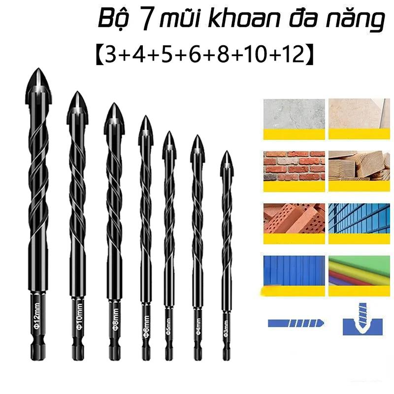 Bộ 7 mũi khoan đa năng tay cầm tam giác 4 ​​cạnh Kapusi Nhật Bản mũi khoan thép đen mũi khoan đá thủy tinh Máy khoan Alloy King