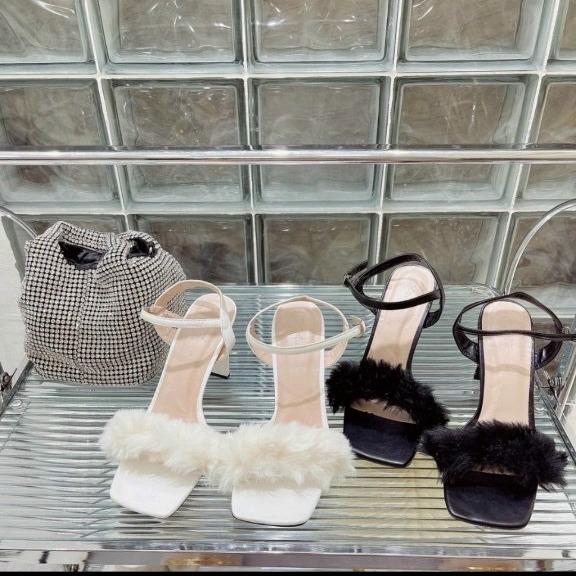 DÉP SANDAL GÓT KIỂU QUAI LÔNG VŨ CAO 7CM BAO ĐẸP
