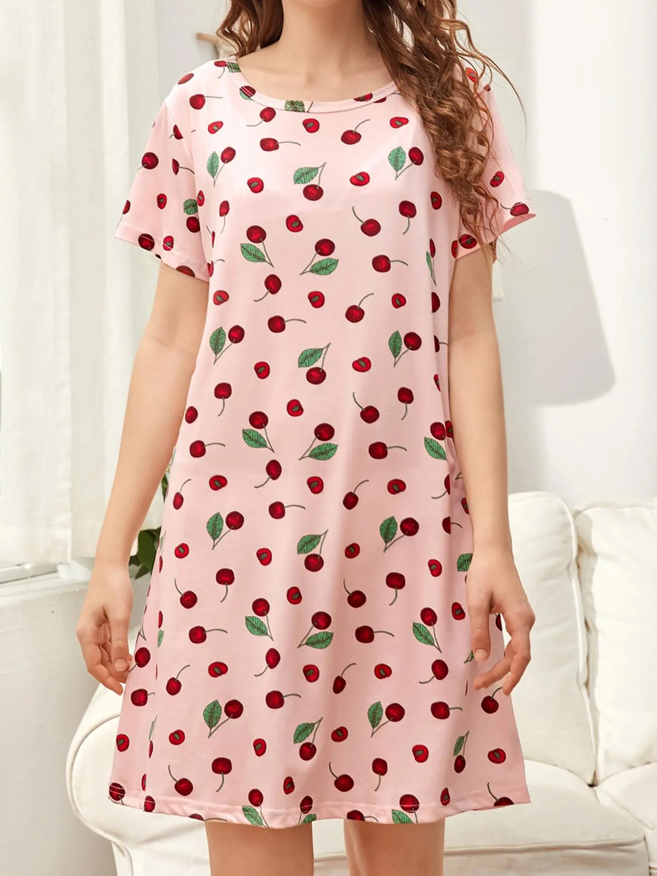 Women's Cherry & Butterfly Print Round Neck Nightdress, Casual Soft Comfortable Short Sleeve Nightgown for Daily Home Wear, Ladies Sleepwear for All Seasons