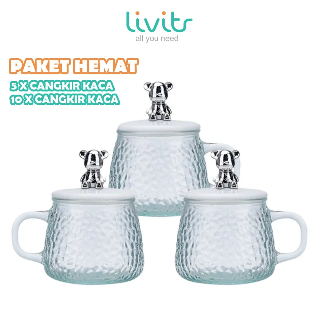 PAKET HEMAT !!! Gelas Cangkir Kristal Mug Bahan Kaca Tutup Beruang Import + Dus | Paket Isi 5 dan Isi 10 PCS