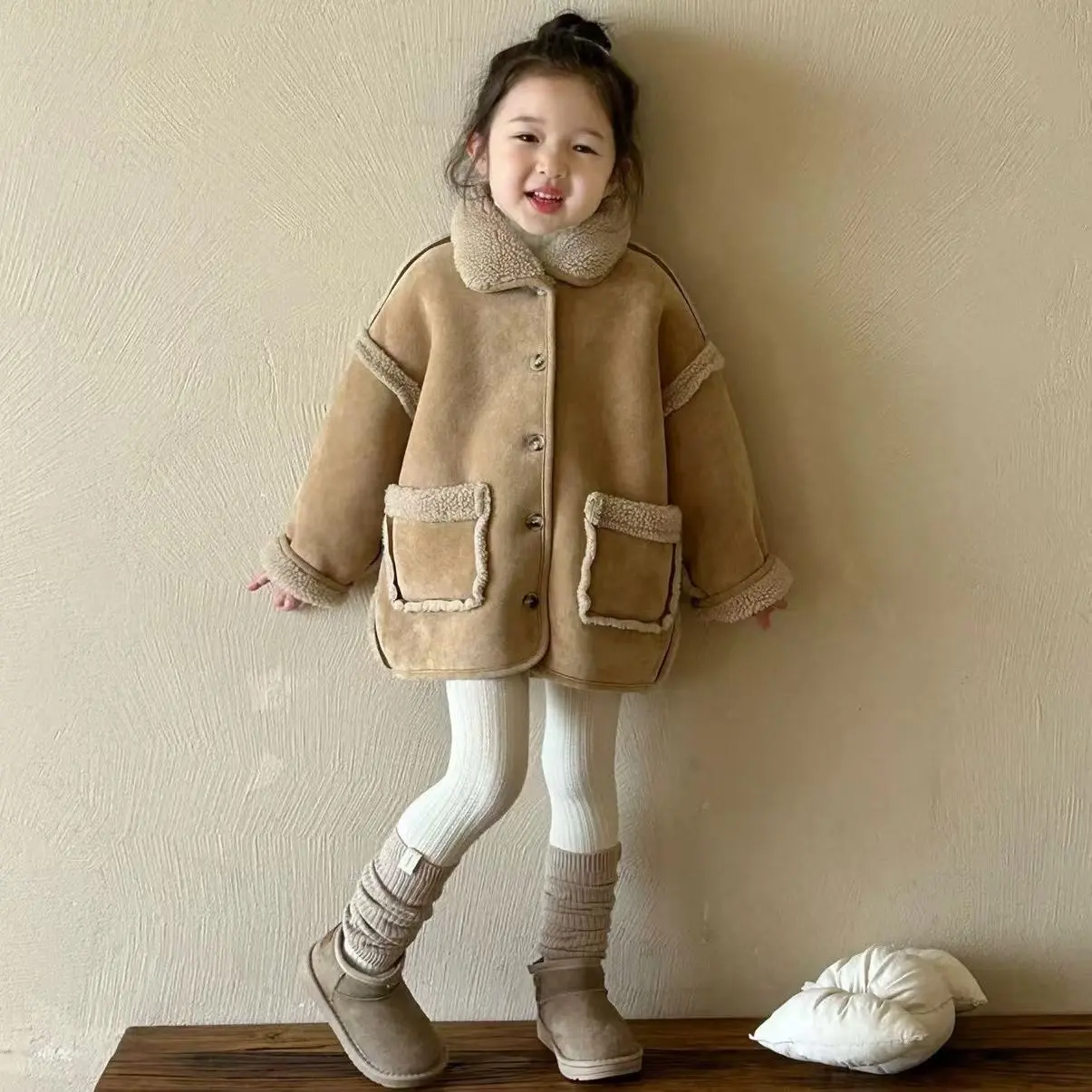 Áo Khoác Trẻ Em Phong Cách Hàn Quốc, Mới Mùa Đông, Dễ Phối Đồ, Làm Bằng Len Cừu Và Da Lộn, Thời Trang Đơn Giản, Thích Hợp Cho Bé Gái, Áo Trẻ Em