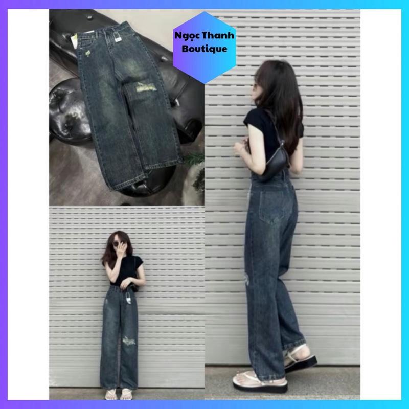Quần Jean Lưng Cao Ống Suông Phối Rách Phong Cách - Premium