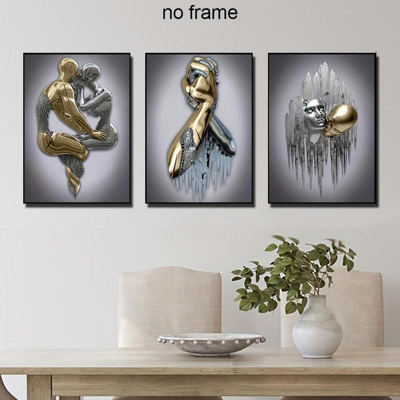 3D Metal Sculpture Statue Couple Pattern Canvas Wall Art without Frame, 3 Counts Modern Simple Wall Art Painting, Wall Art Decor for Home Living Room Bedroom 3