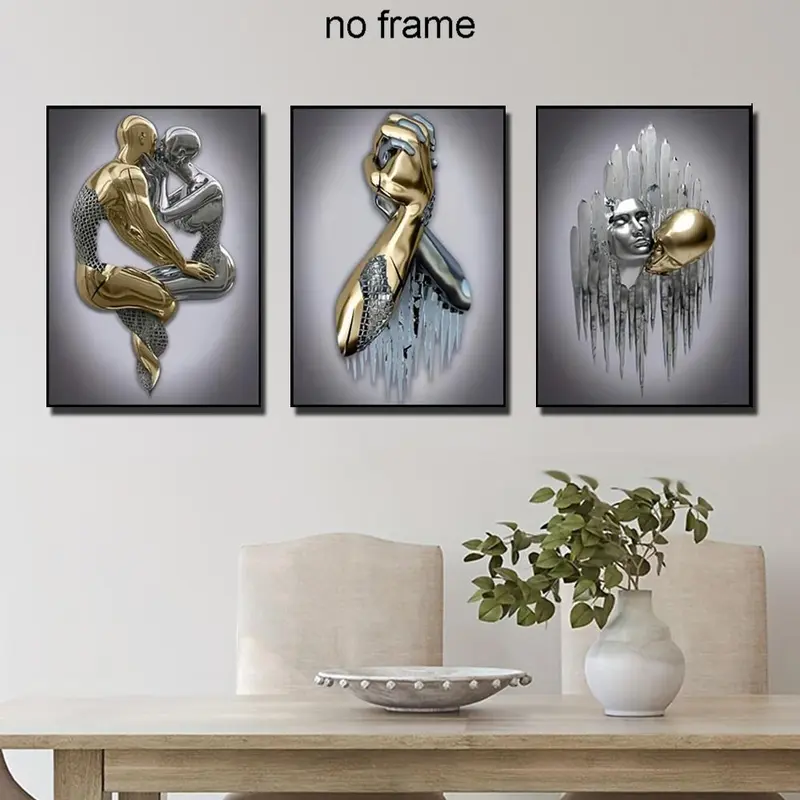 3D Metal Sculpture Statue Couple Pattern Canvas Wall Art without Frame, 3 Counts Modern Simple Wall Art Painting, Wall Art Decor for Home Living Room Bedroom 3