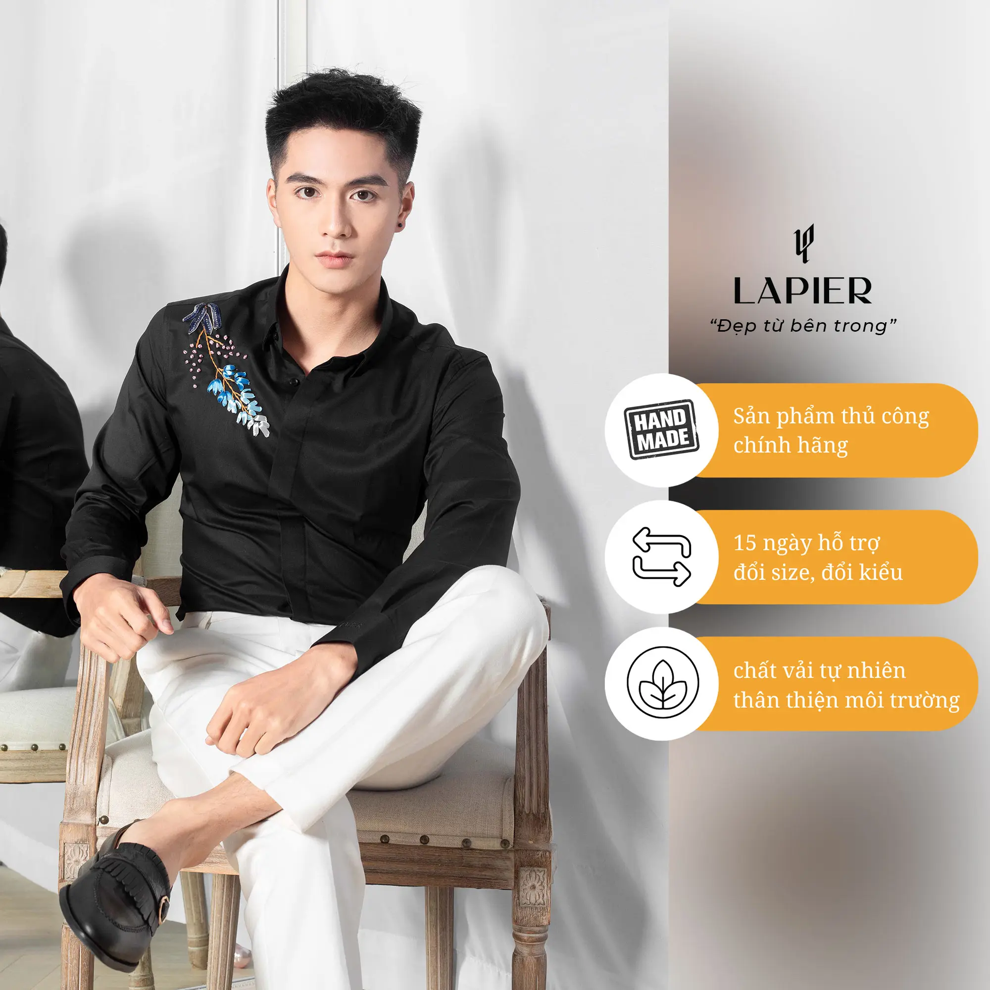 Áo Sơ mi thiết kế cao cấp thêu thủ công Dải Hoa Vai Áo LAPIER áo đen dài tay, chất liệu Bamboo sang trọng nổi bật