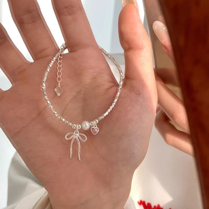 Product Introduction of S925 Loving Heart in Sterling Silver Zircon Bow Small Pieces of Silver Necklace Bracelet Set Ins Niche Temperament Clavicle Chain 11
