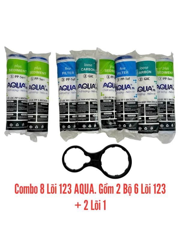 Bộ 8 Lõi Lọc Nước 1 2 3 AQUA  Chính Hãng -  Dùng được cho mọi loại máy lọc nước gia đình, máy lọc nước RO cốc lọc 10 inch