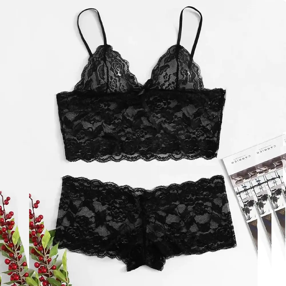 Women's Sexy Lace Halter Pajama Set Sexy Lace See-through Sling Pajamas Set Soft Comfortable Lingerie For Women