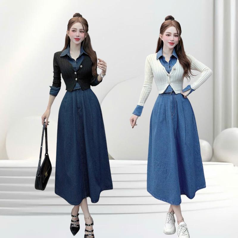 Set đồ nữ thiết kế CRAZYTEEN S5509 dành cho nữ gồm áo cardigan may liền cổ sơ mi jeans và chân váy xếp ly để đi chơi ( Áo sơ mi may liền / Chân váy )