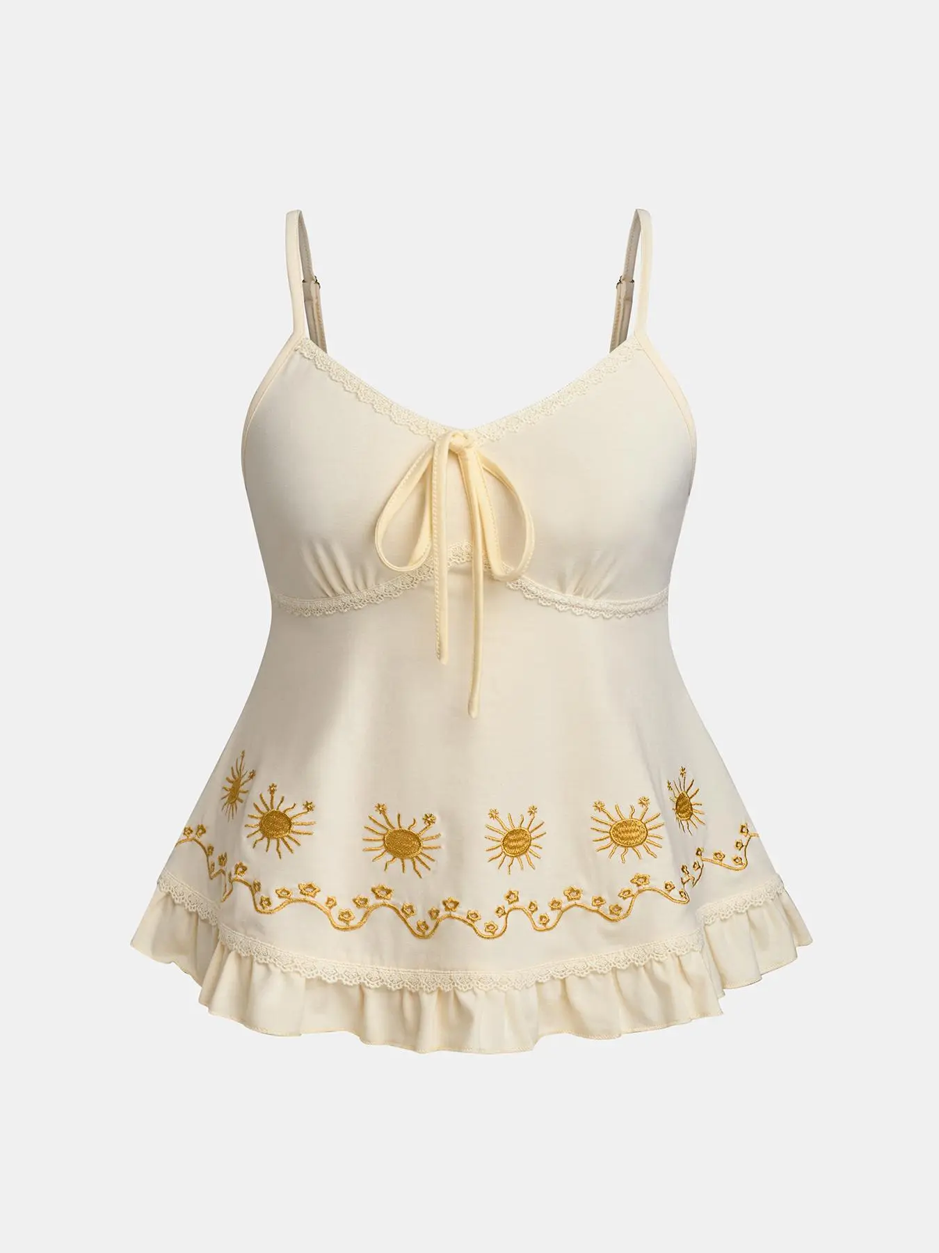 Women's Sunflower Floral Embroidery Lace Trim Cami Top, Chic Casual Tie Front Top for Daily Wear, Ladies Clothes for Summer