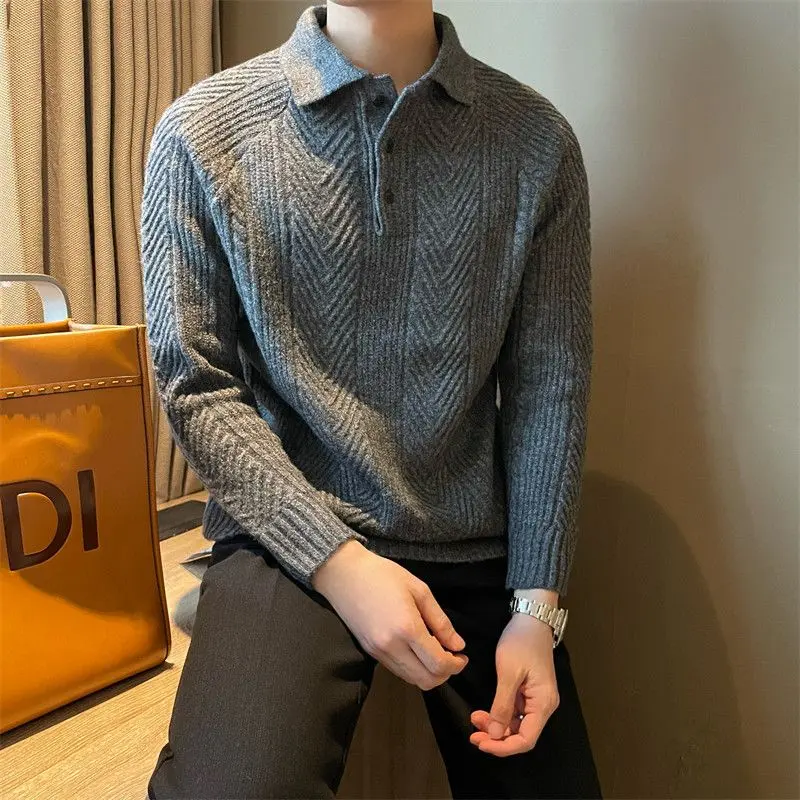 Áo Len Polo Có Ve Áo, Phong Cách Nhật Bản Cổ Điển Tối Giản, Họa Tiết Jacquard, Dành Cho Nam Giới, Thích Hợp Cho Mùa Thu Và Mùa Đông, Thường Ngày, Màu Trơn Áo Len Chui Đầu 3