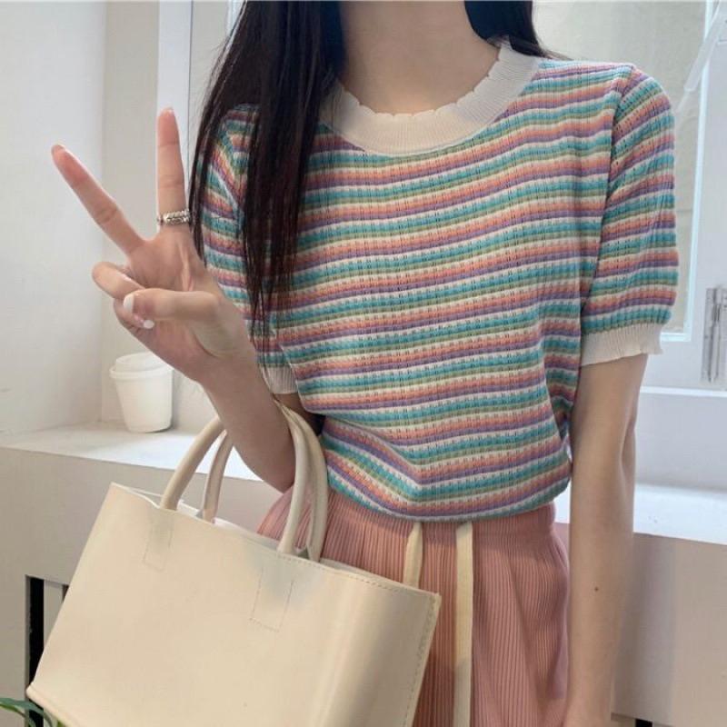 COD- Atasan Rajut Wanita Lengan Pendek Premium | Kaos Lengan Pendek Rajut | Atasan Korean Style Lengan Pendek SALUR Premium | Baju Rajut Wanita Korean Style Lengan Pendek | Atasan Lengan Pendek | Kaos Lengan Pendek 4