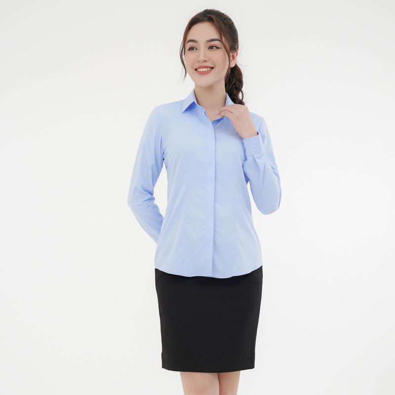 Set Áo R12 Dài Xanh dương nhạt & Chân váy R01 Sơ mi nữ vải sợi tre kẻ chìm Thái Hòa form slimfit có chiết ly eo ASW0101-R12
