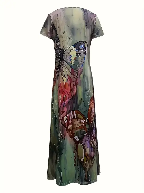 Women's Butterfly Print V Neck Dress, Fashion Casual Short Sleeve Long Dress for Daily Holiday Vacation Wear, Women Dress for Spring Fall 1