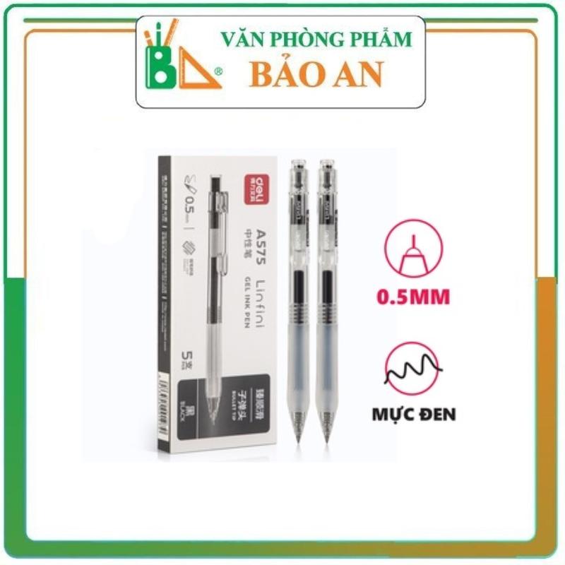 Combo 5 Bút bi nước bút gel bút mực bấm văn phòng Deli mực đen ngòi 0.5mm học sinh mực đều A575 - có ruột thay thế
