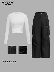 YOZY Women's Solid Ruched Ribbed Tee & Pocket Wide Leg Cargo Pants Two-piece Set, Casual Round Neck Long Sleeve Top & Elastic Waist Button Fly Trousers 2 Piece Set for Fall & Winter, Women's Clothes for Daily Wear