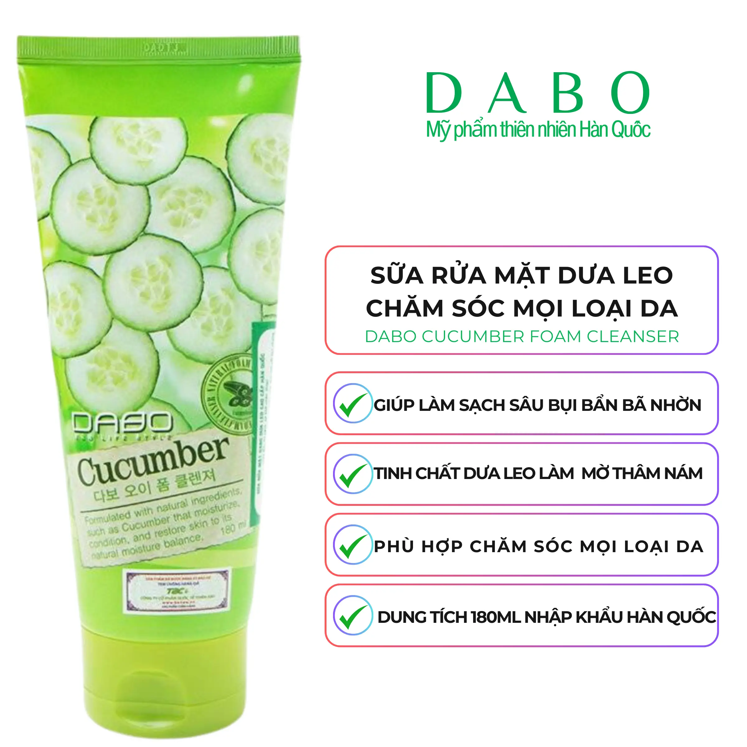 [MỸ PHẨM DABO CHÍNH HÃNG] Sữa rửa mặt tinh chất Dưa leo - DABO Cucumber Foam Cleanser 180ml Skincare Cucumber Dưa Leo Nữ Dưỡng Da