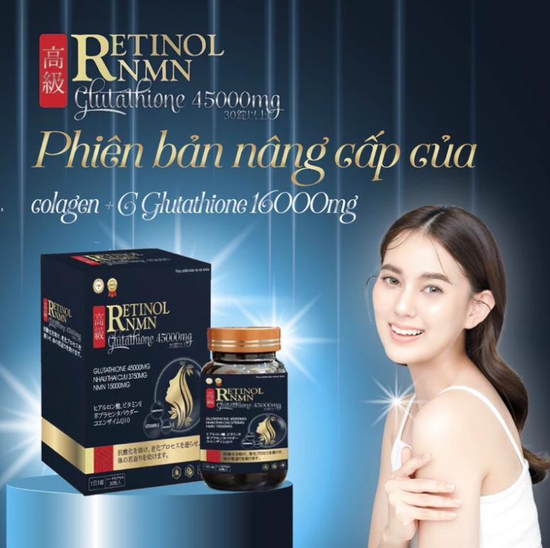 Viên Uống Trắng Da RETINOL NMN GLUTATHIONE 45000mg viên uống trắng da - hỗ trợ xoá tàn nhan thâm nám ( hộp 30v ) vitamine c