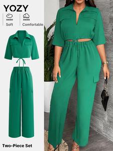 YOZY Women's Solid Tie Front Crop Top & Flap Detail Pants Two-piece Set, Casual Short Sleeve Collared Top & Pants for Daily Wear, Ladies Two-piece Outfits for All Seasons