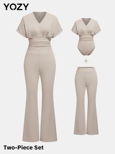 YOZY Solid Ruched V Neck Bodysuit & Flare Leg Pants Set, Casual Short Sleeve Top & Baggy High Waist Bell Bottom Trousers Set, Women's All Seasons Outfits for Daily Wear
