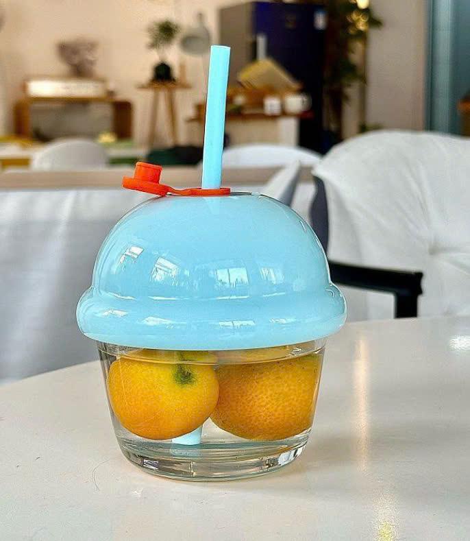 Ly Cốc Thủy Tinh Nắp Đậy Chống Chảy Nước 210ml Kèm Sticker, Ống Hút Silicon Cho Bé Đi Học Kem