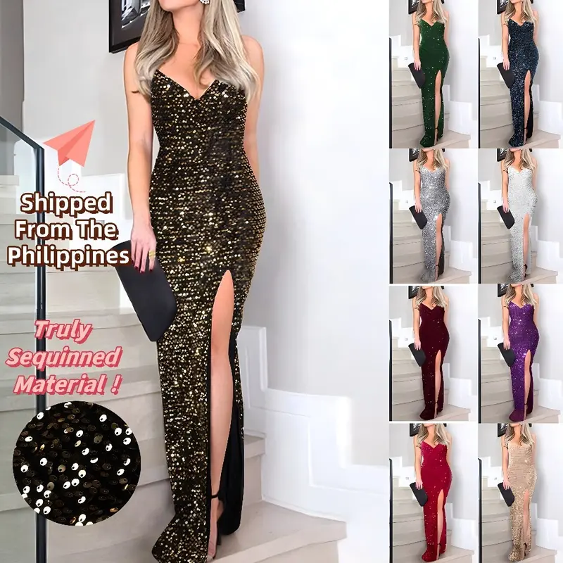 Ship From Manila+COD} Pang-party na gown for big size Formal Midi dress For  Woman Plus Size Mesh patchwork Elegant Sequin glitter Cocktail Party dress  Long Evening gown Suitable Prom dress for wedding