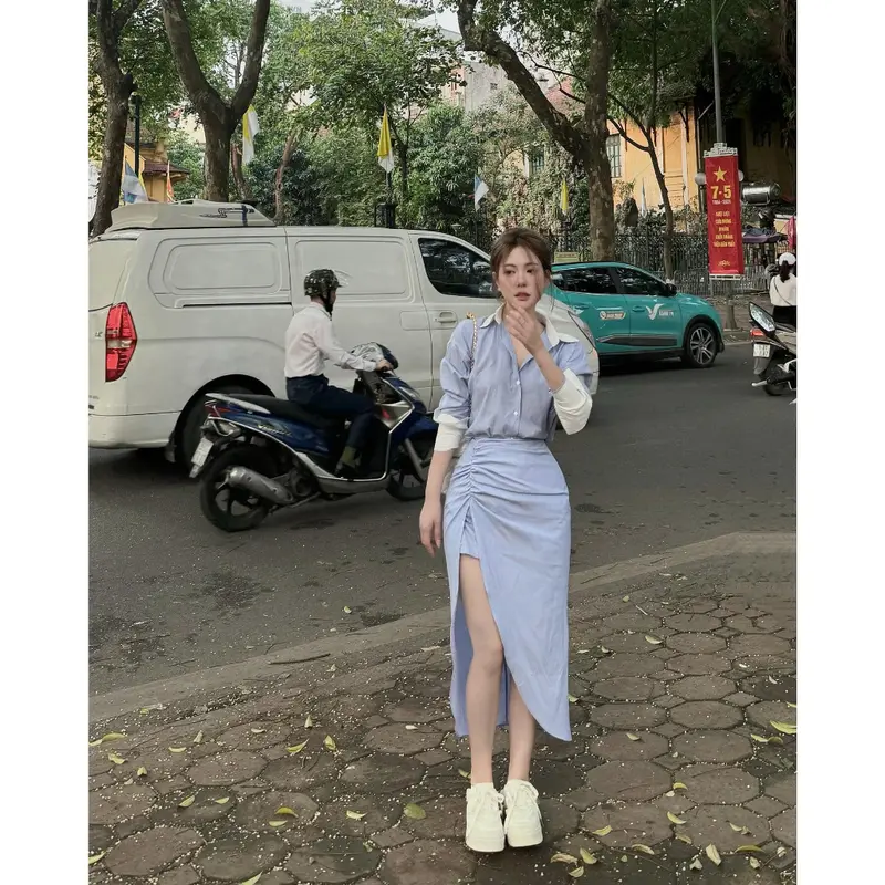 Set 2 Món Áo Sơ Mi Kẻ Kè Chân Váy Cách Điệu Xẻ Tà Siêu Tôn Dáng | FASHION STORE C4 5