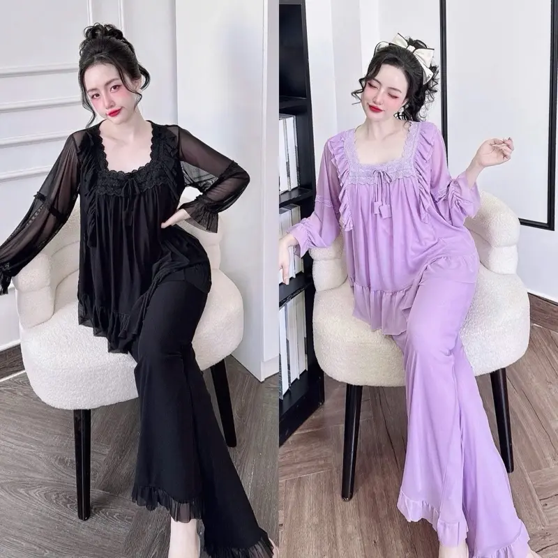 Set Bộ Tiểu Thư Style QC TDQD Cổ Vuông Phối Ren Chất Liệu Voan Thun Lưới Mềm Mát Dành Cho Nữ 40-65kg 0
