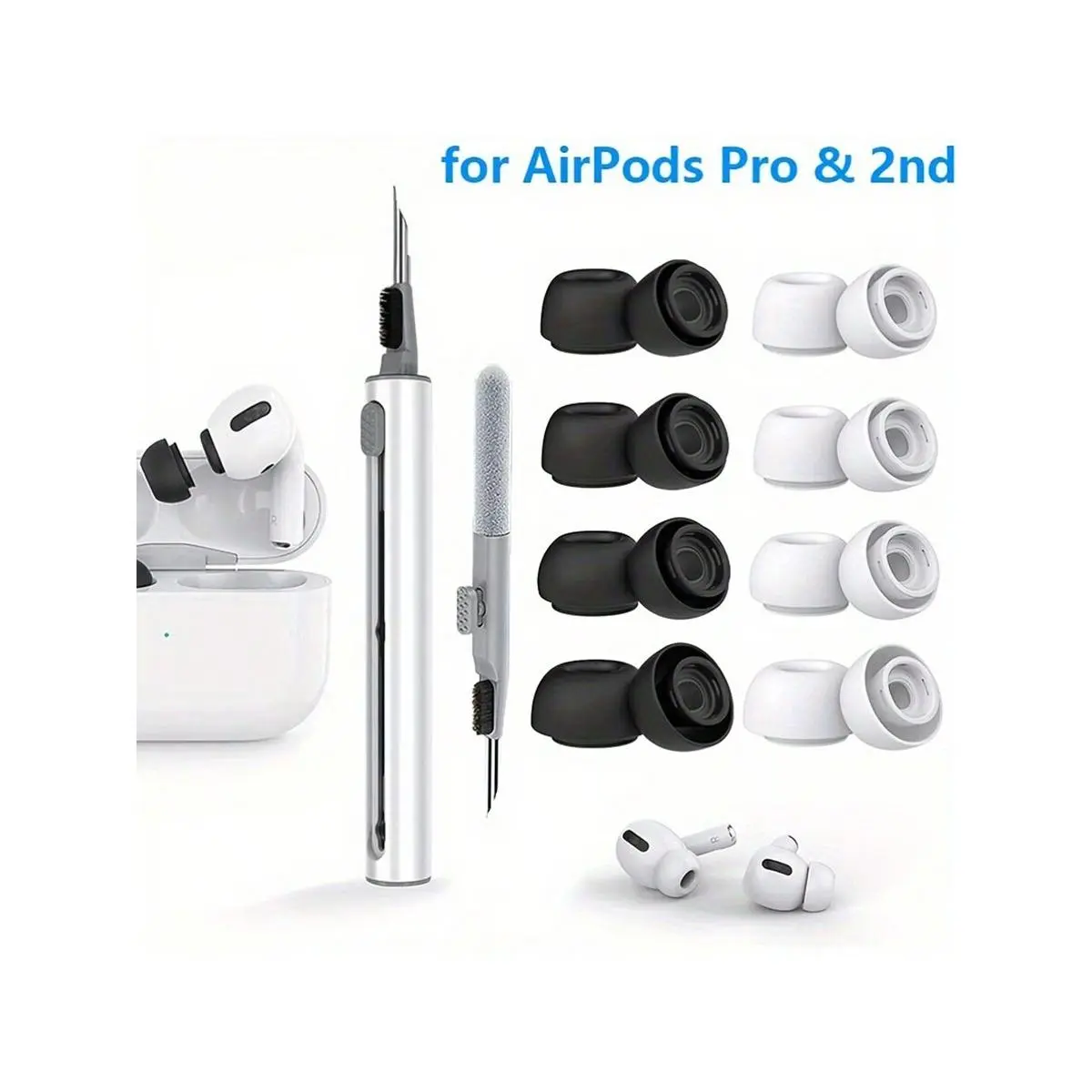4 Pairs White Silicone Ear Tips & Earphone Cleaner For Airpods Pro 1 2 Noise Reduction Pad Earplugs Ear Caps Comes With Cleaning Pen - Perfectly Fit Tightly With Pressure Relief Hole