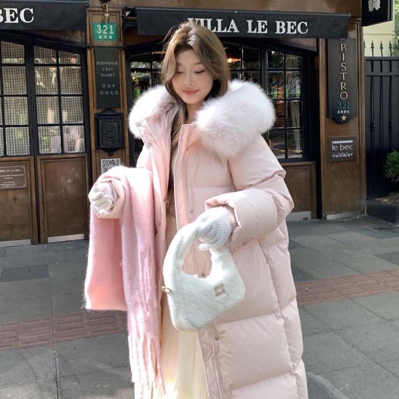 Áo phao lông vũ dáng dài mũ lông 2 túi trước Nữ Top Jacket Women