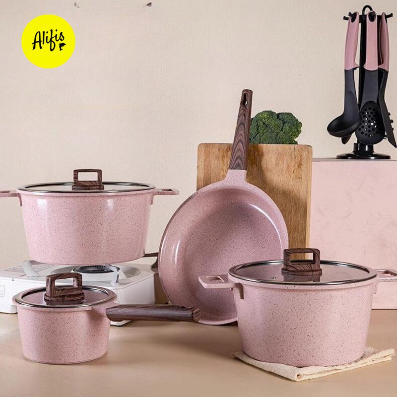 Bộ sưu tập nồi, chảo chống dính hãng MGC đá maifan phủ lớp men sứ có nắp, tay cầm gỗ cách nhiệt, màu hồng
