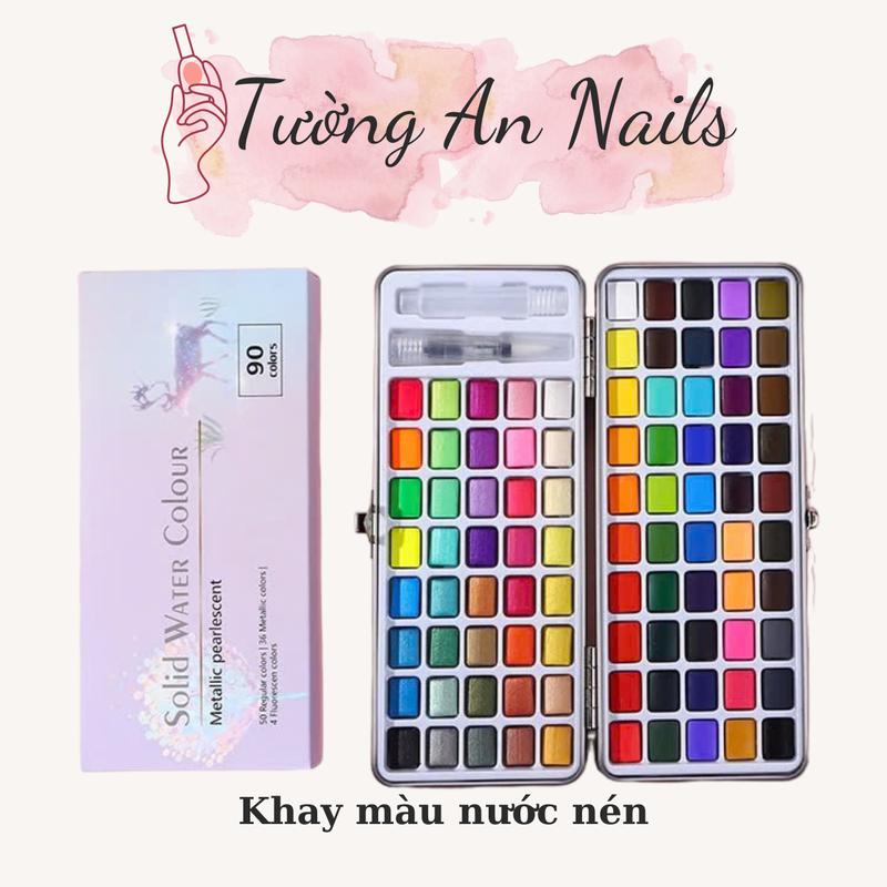 Khay Màu Nước Dạng Nén 90 Màu Tường An- Tặng Kèm Cọ Acrylic - Màu nước vẽ nail - Màu nước dạng nén