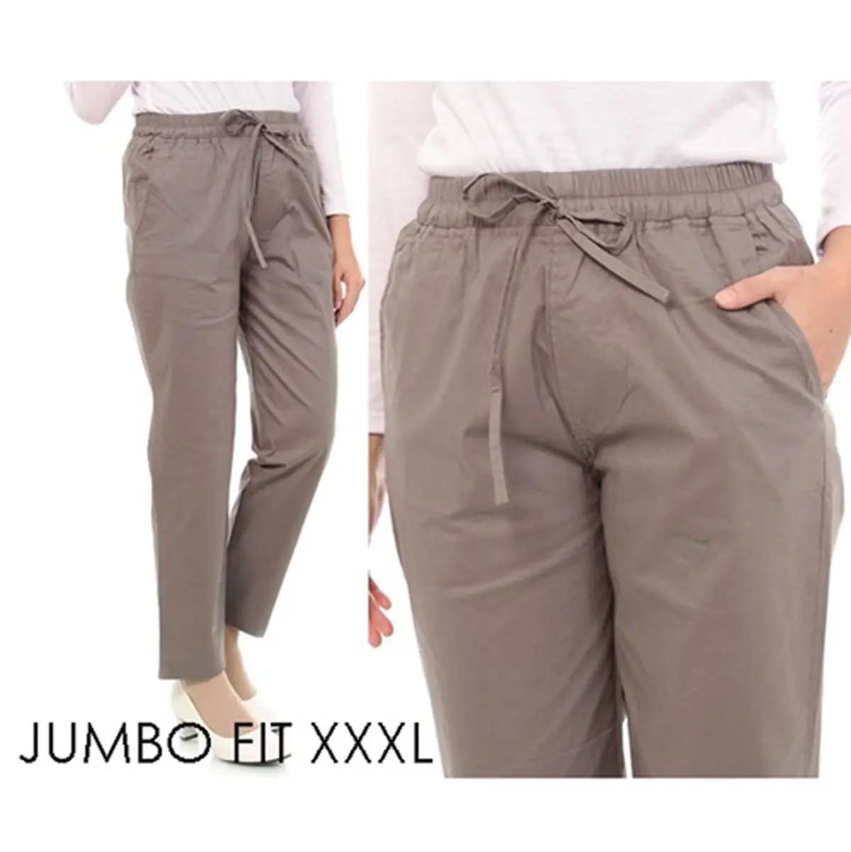 NHM Celana Baggy jumbo fit to XXXL, Celana Panjang Wanita Kaki Katun Melar Standar Kulot Casual Linen Basic Karet Dewasa Hitam