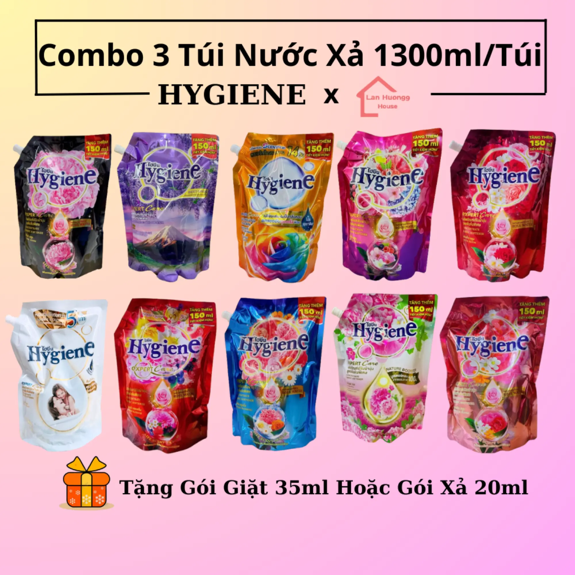 (ĐC CHỌN MÀU) Combo 3 Túi Nước Xả Vải Hygiene Mix Màu (1300ml/ Túi) Tặng Kèm Gói Xả 20ml Làm Thơm Làm Sạch Kem