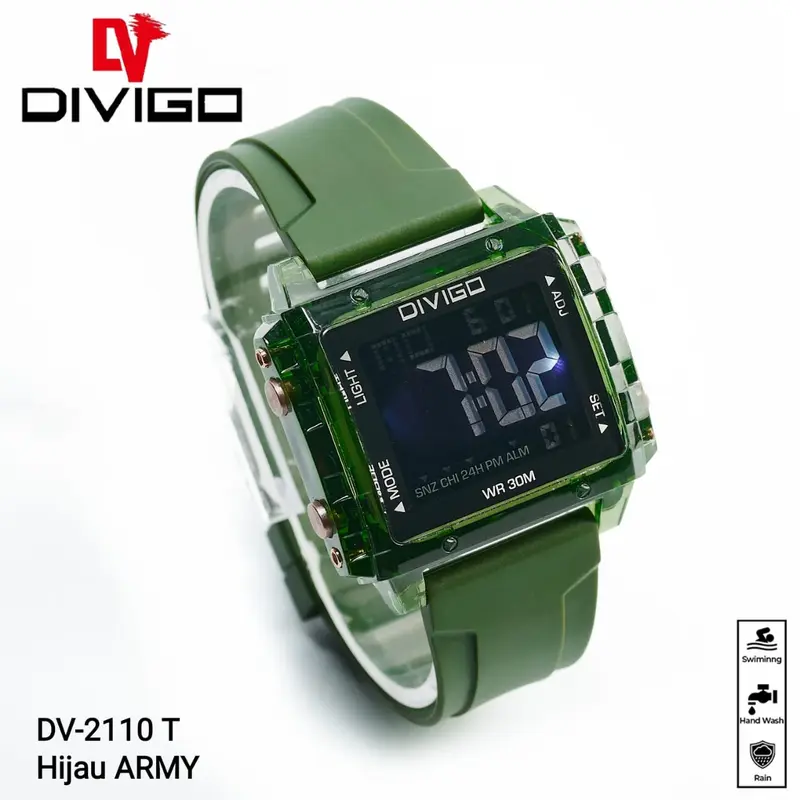 Jam Tangan Wanita DIVIGO DV-2110 Transparan Original Digital Kotak Strab Rubber Tahan Air Digital Besi Stainless 7