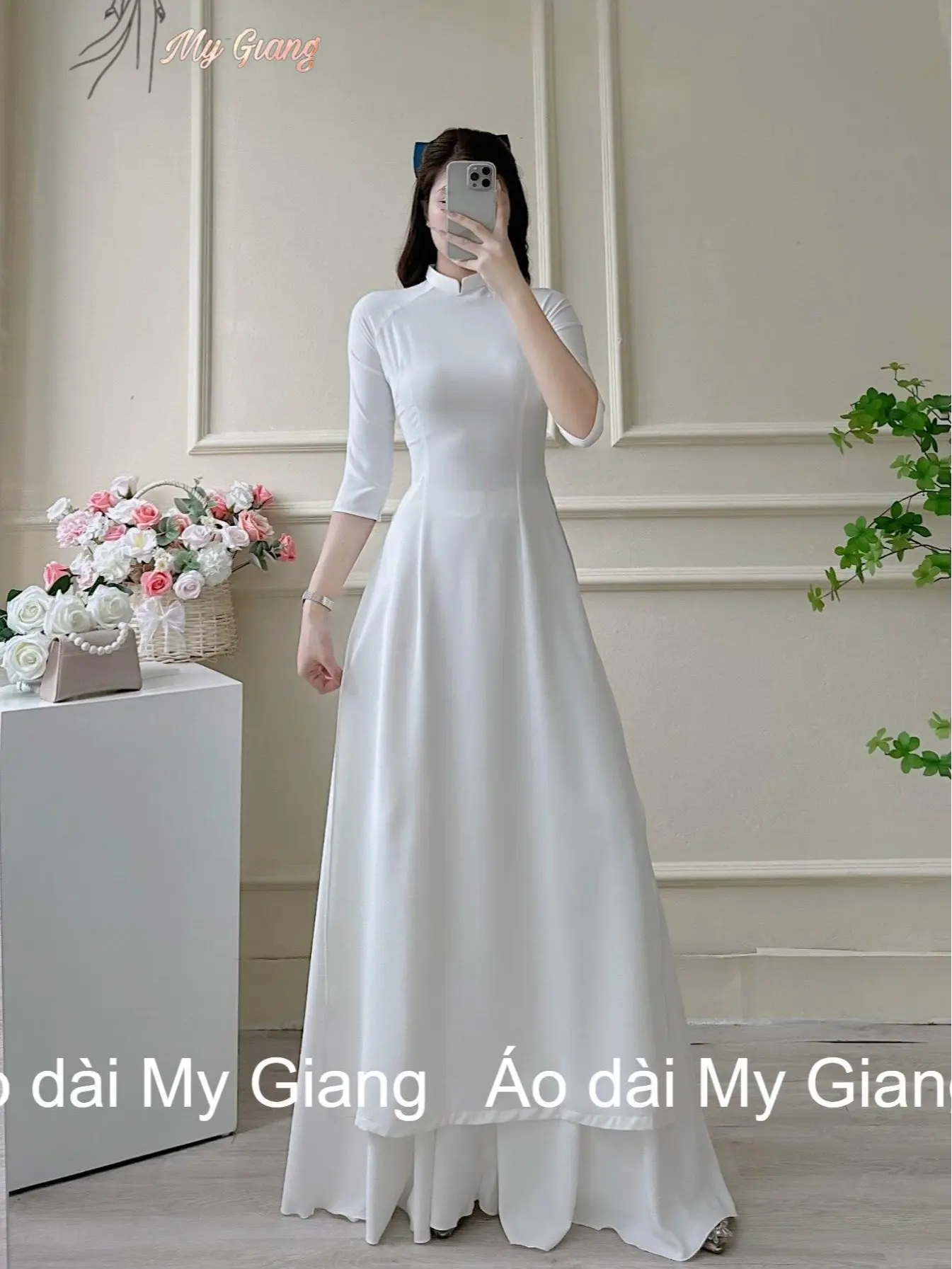 (AD01)Bộ áo dài trơn quần váy lụa Mỹ cao cấp (Áo dài My Giang)