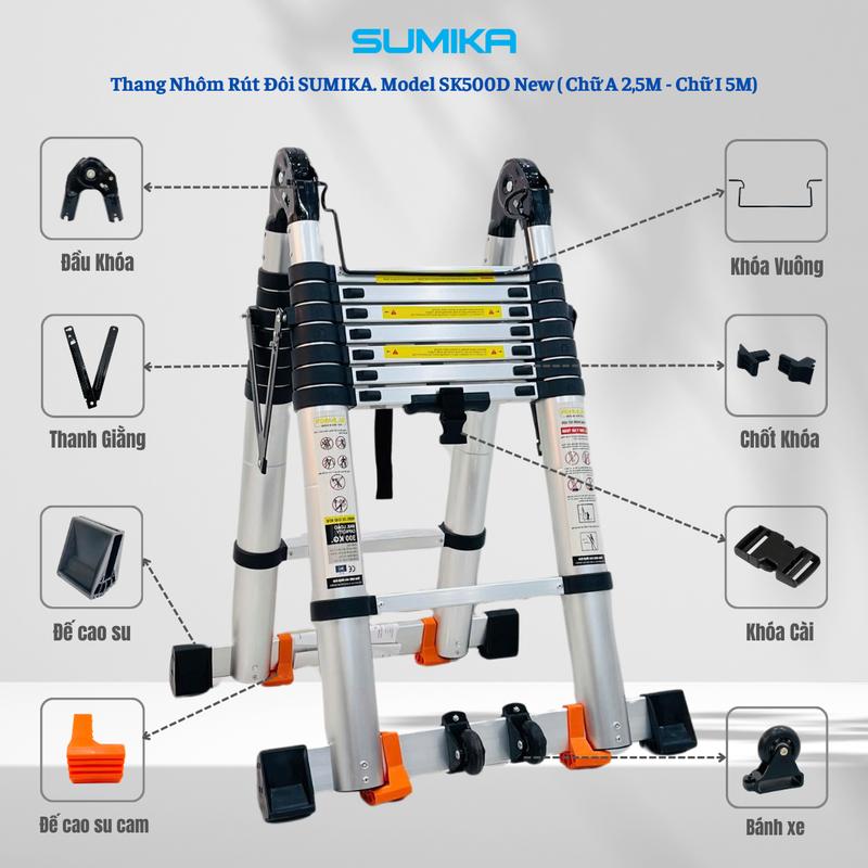 Thang nhôm rút đôi SUMIKA SK500D NEW, rút chữ A cao 2.5m, rút chữ I cao 5.0m, tải trọng 300kg 3