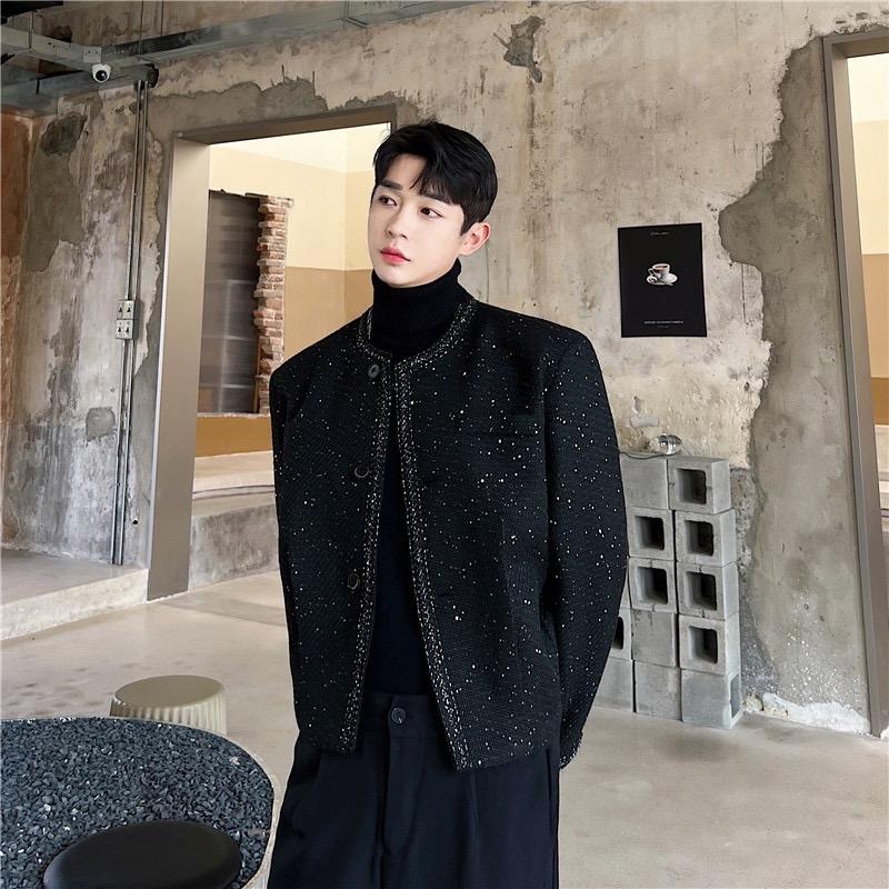 [ BÁN CHẠY ] Áo dạ tweed đen thời trang nam đính ánh kim HUGAN STORE