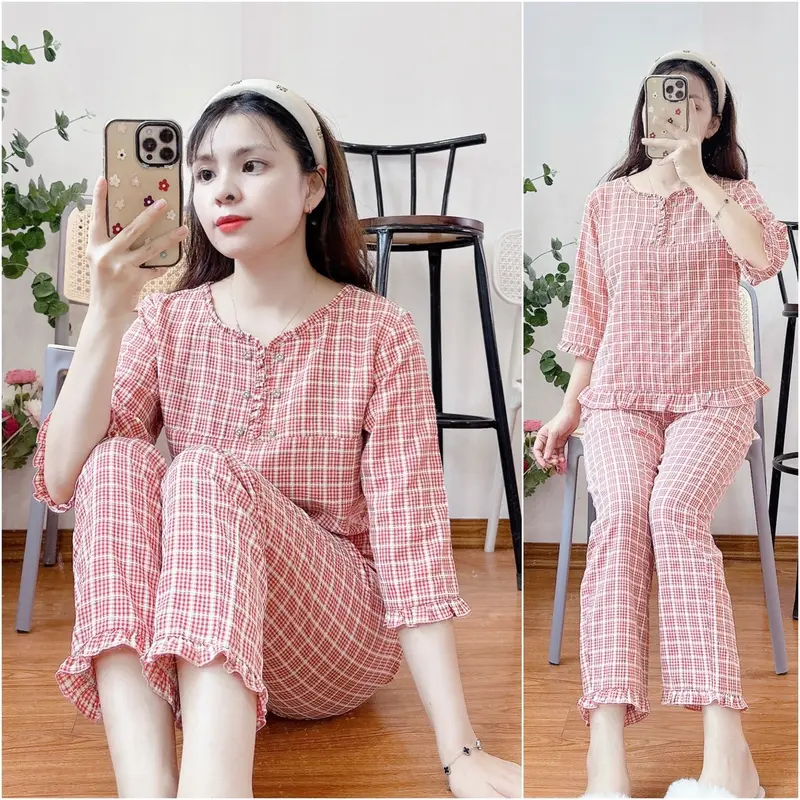 Bộ mặc nhà 6 khuy cổ nhún bèo xinh chất thô kẻ lông mềm. 6