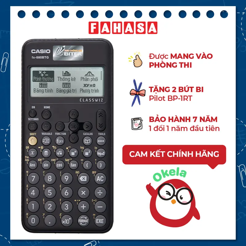 [Chính Hãng] Bộ Máy Tính CASIO FX-880BTG - Màu Đen + 2 Bút Bi Pilot BP-1RT - Mực Xanh 0