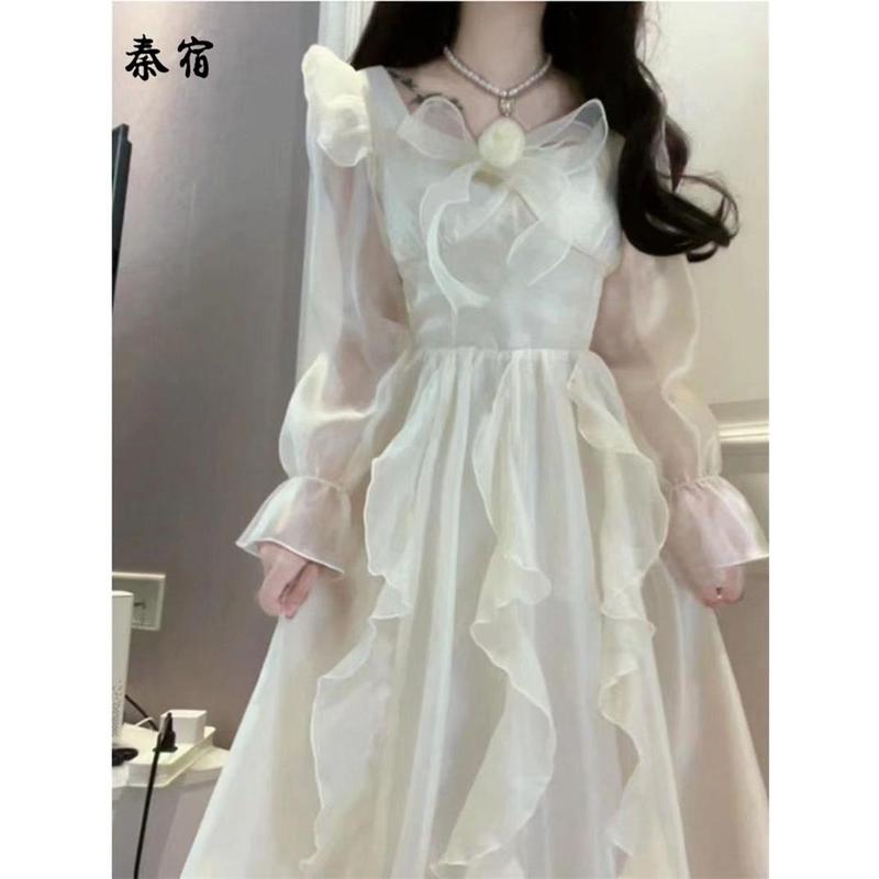 Váy Fufu Sữa, Qin Su, Phong Cách Công Chúa INS, Nơ Ngọt Ngào, Eo Thanh Lịch, Bó Sát, Phồng, Váy Dài Tay, Thời Trang, Dễ Phối Đồ Thanh Lịch 2