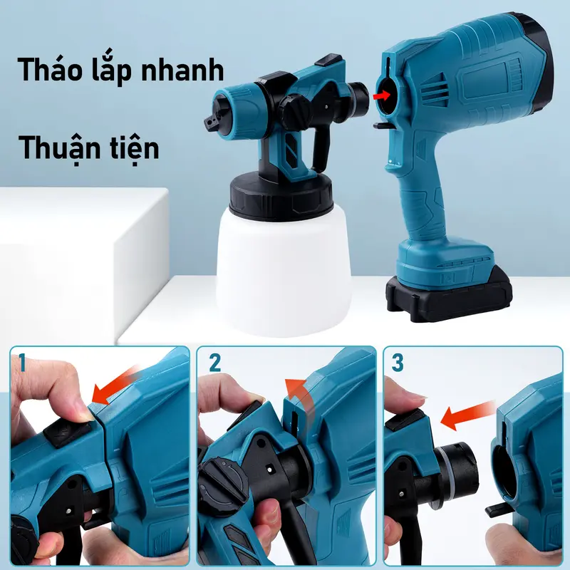 (BH 2 Năm) Máy Phun Sơn Cầm Tay Pin 21V, Bình Phun Sơn 1000ML, Bình Phun Sơn Pin, Dùng Chân Pin Phổ Thông, Sơn PU, Sơn Nước, Sơn Nhà, Gỗ, Kim Loại 7