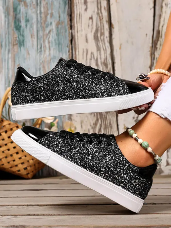Metallic Sequined Korean Style Shoes, Trendy Casual Footwear for Students, Sparkling PU Leather with Rubber Sole 5