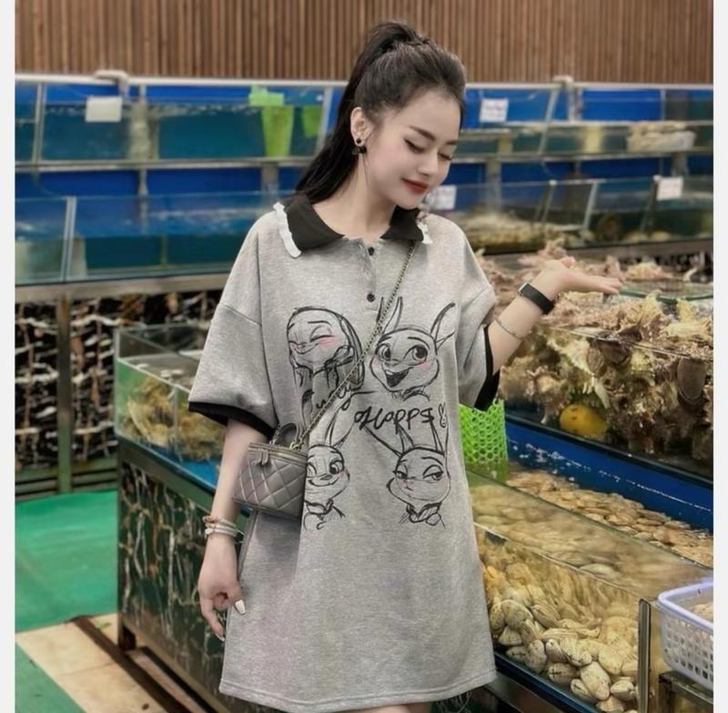 Đầm Váy Dáng Suông Cổ Polo Bèo Phối Cúc Cài Tay Cộc Viền Đen Basic Mix In Hình Thỏ Dễ Thương