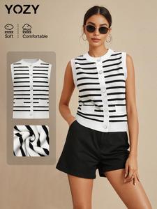 YOZY Women's Colorblock Striped Print Button Front Vest & Pocket Shorts Two-Piece Set, Casual Round Neck Sleeveless Top & Shorts for All Seasons, Women's Clothes for Daily Wear