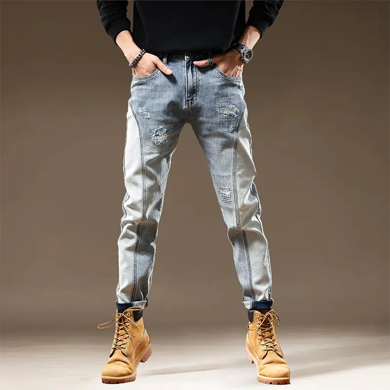 Quần Dài Jean Dính Kim, Thương Hiệu Thời Trang, Dành Cho Nam Giới, Thiết Kế Chắp Vá, Dáng Ôm, Quần Ống Đứng Nhỏ Thêu Máy, Phong Cách Pu Shuai, Quần Cá Tính quần  jeans Menswear Có Túi