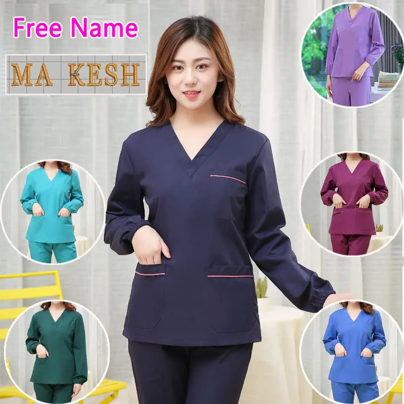 Sut Scrub, [vsehll], Untuk Wanita, Lengan Panjang, Set Penuh, Sesuai untuk Perubatan, Jururawat, Pembedahan, Seragam Hospital, dengan Nama Percuma, [vsehll] Baju Seluar Workwear