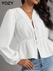 YOZY Women's Plain Ruffle Hem Tie Front Blouse, Casual Bishop Sleeve Deep V Neck Top for Spring & Fall, Women's Clothing for Daily Wear
