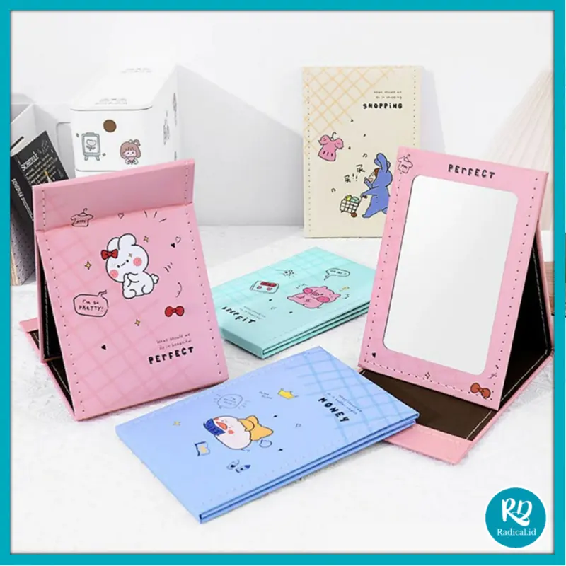RD Cermin Lipat Kotak Model Cover Buku Karakter Kaca Make Up Lipat Persegi Lucu Kaca Rias MakeUp Portable Lipat Motif Cute 0